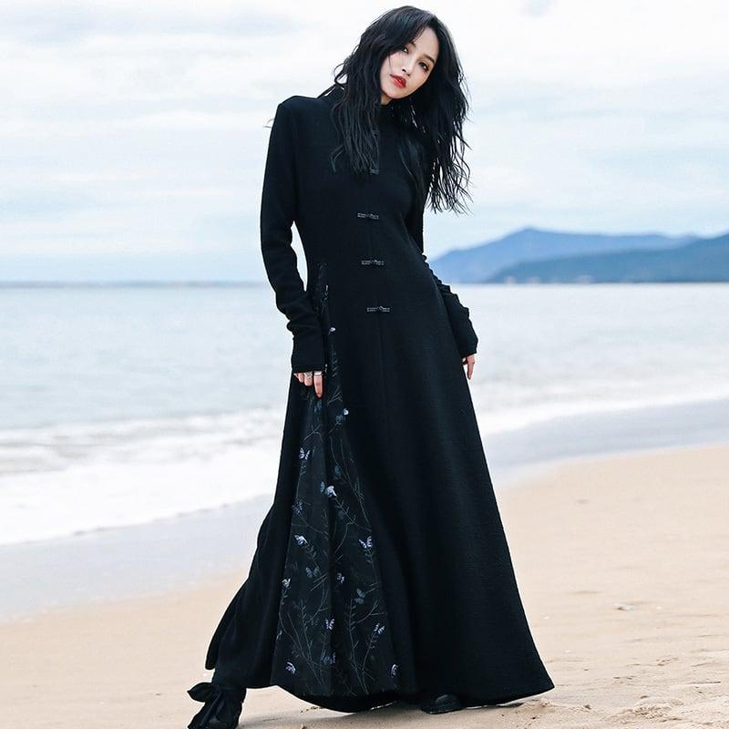 【大青龍肆シリーズ】★チャイナ風ワンピース★ ニットワンピース フェイクレイヤード 着やせ デザイン性あり - ChinChic