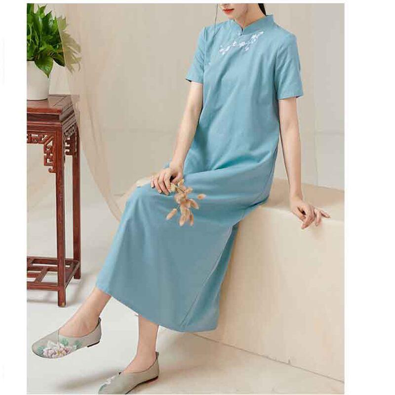 【宋姿シリーズ】★チャイナ風ワンピース★ 刺繍入り ロング丈 半袖 夏服 春服 ブルー 青い チャイナ服 - ChinChic