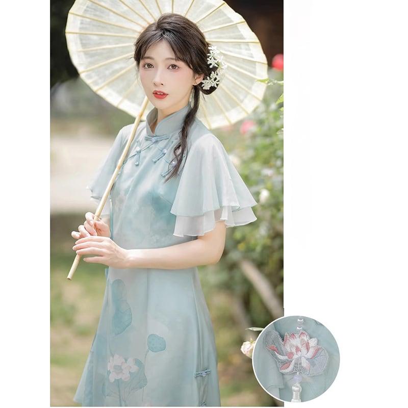 【楓竹---青荷シリーズ】★チャイナ風ワンピース★ 漢服ワンピース 中華服 可愛い プリント 気質アップ - ChinChic