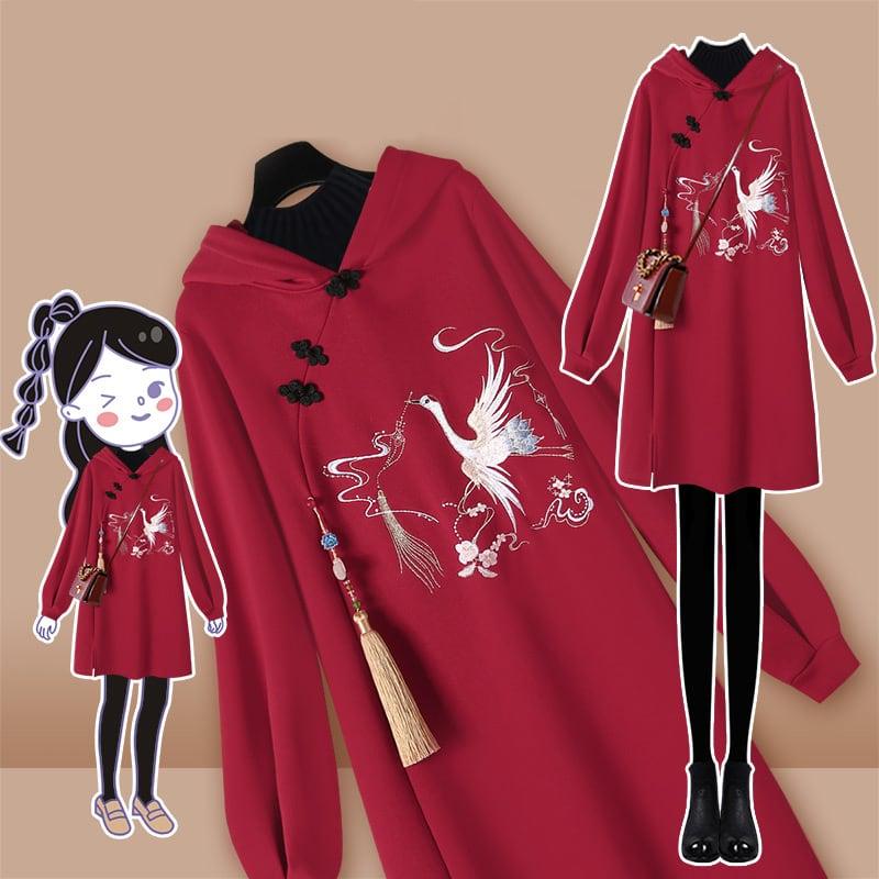 ✿大人気販売中✿【篱笆外有只猫シリーズ】★チャイナ風ワンピース★ パーカー 裏起毛 刺繍 鶴 つる レッド 赤い - ChinChic