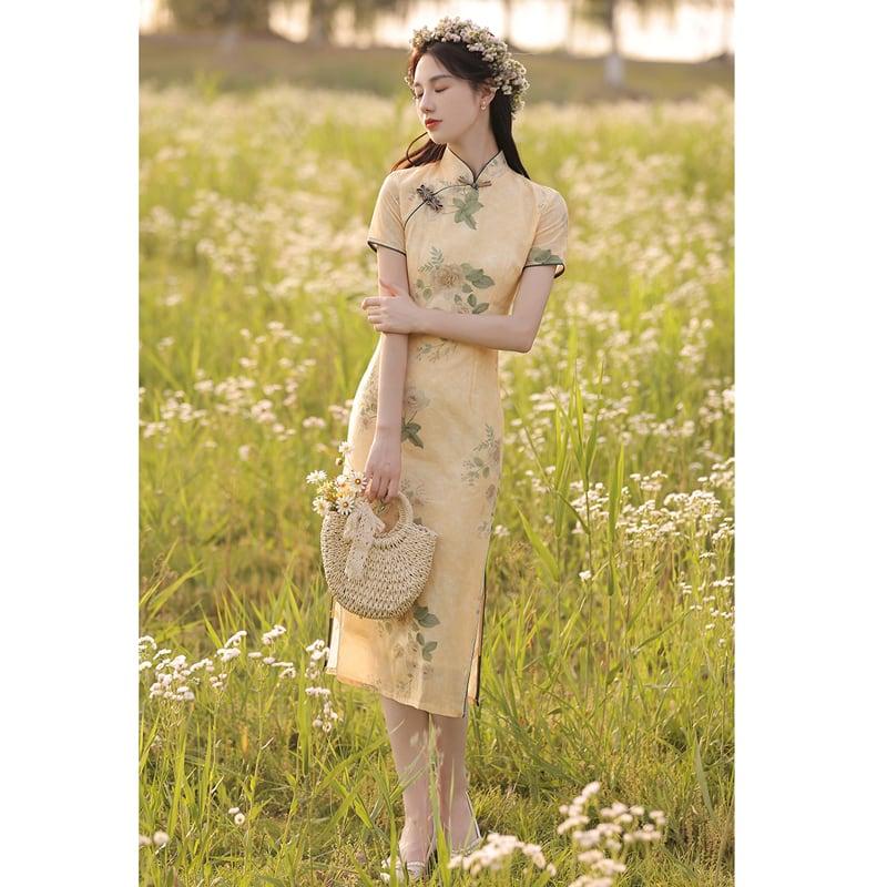 【荷戀情シリーズ】★チャイナドレス★ 花柄ワンピース 中華服 気質アップ ロング丈 パーティー 結婚式 - ChinChic