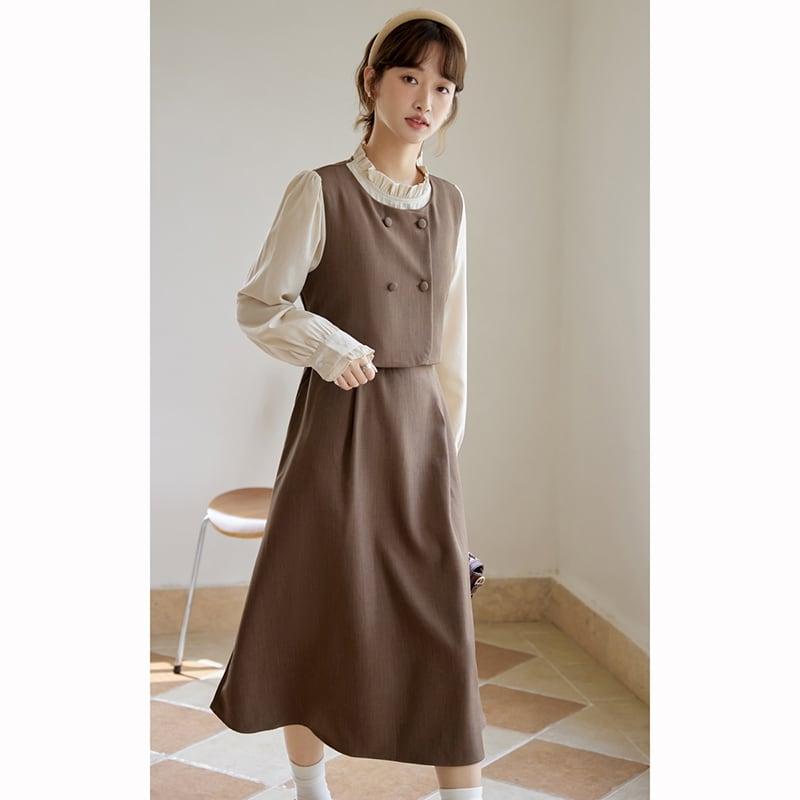 【書槿笙シリーズ】★ワンピース★ フェイクレイヤード レディース 可愛い レトロ 秋服 コーヒー色 - ChinChic