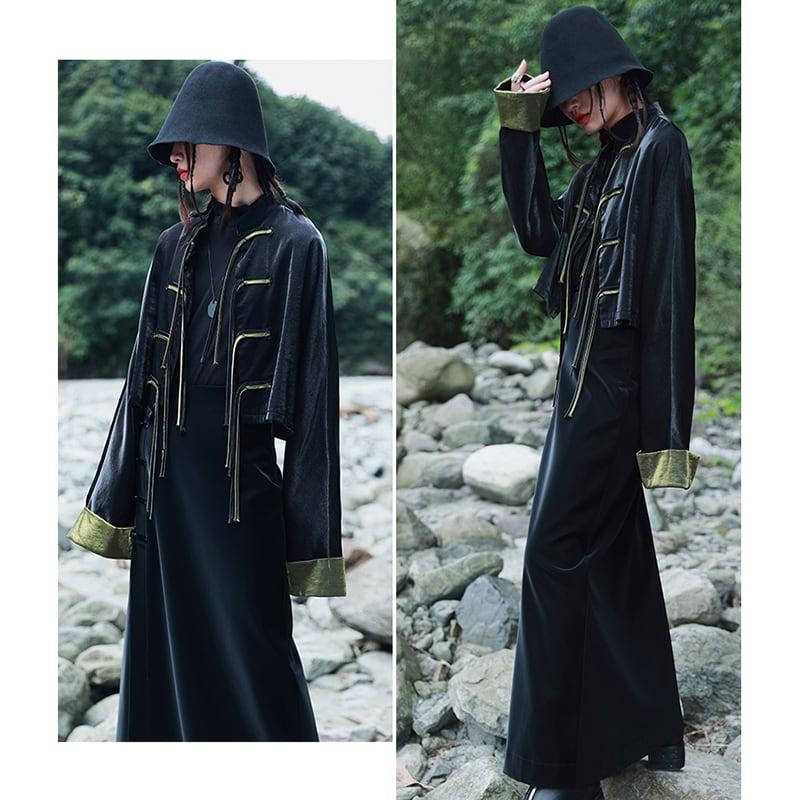 【大青龍肆シリーズ】★チャイナ風アウター★ レトロ ショート丈 合わせやすい ブラックチャイナボタン - ChinChic