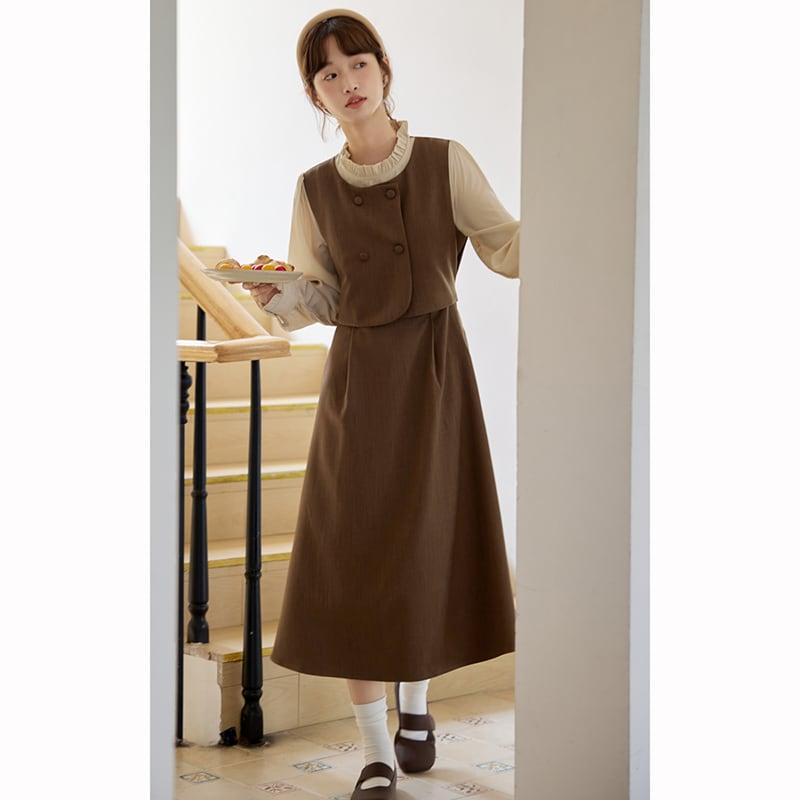 【書槿笙シリーズ】★ワンピース★ フェイクレイヤード レディース 可愛い レトロ 秋服 コーヒー色 - ChinChic