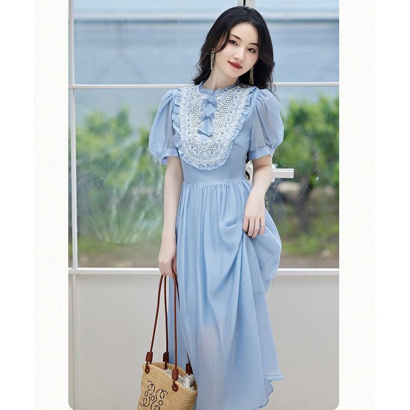 【華莎の城シリーズ】★ワンピース★ ドレス スウィート 可愛い 通勤 結婚式 デート 夏服 ブルー 青い - ChinChic