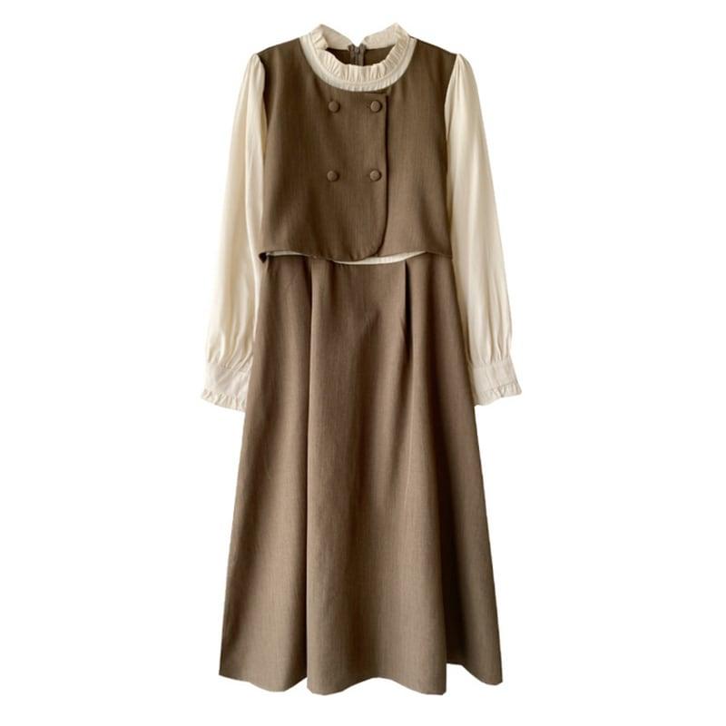 【書槿笙シリーズ】★ワンピース★ フェイクレイヤード レディース 可愛い レトロ 秋服 コーヒー色 - ChinChic