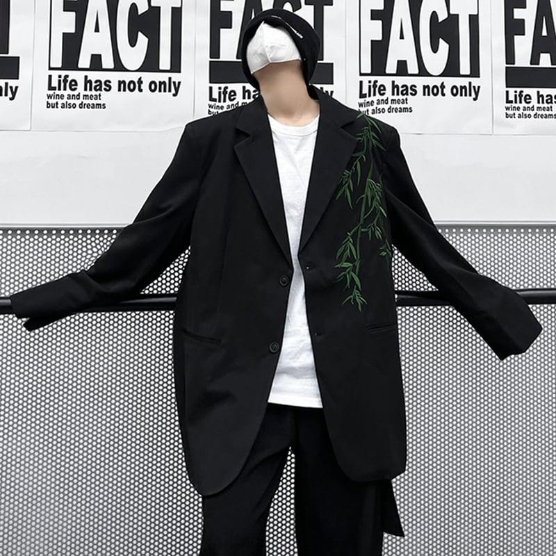 【入画シリーズ】★チャイナ風アウター★ ブレザー 竹 刺繍 男女兼用 メンズ ブラック 黒い かっこいい - ChinChic