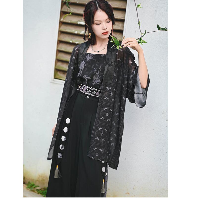 【古怪舍---卯兔シリーズ】★チャイナ風法被★ トップス シフォン 薄い ブラック 黒い 夏服 合わせやすい - ChinChic