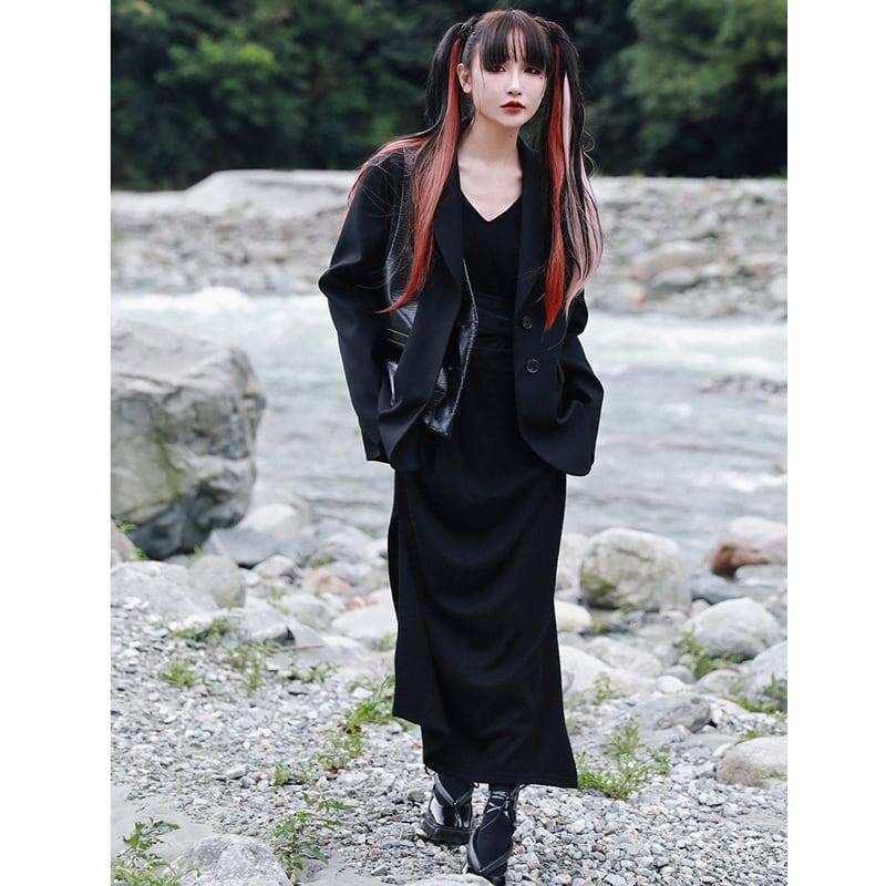 【大青龍肆シリーズ】★ブレザー★ アウター 切り替え レトロ 合わせやすい フェイクレイヤード ブラック 黒い - ChinChic