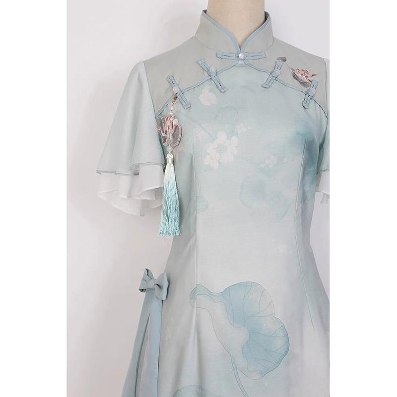 【楓竹---青荷シリーズ】★チャイナ風ワンピース★ 漢服ワンピース 中華服 可愛い プリント 気質アップ - ChinChic