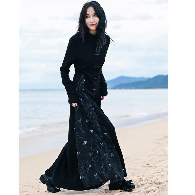 【大青龍肆シリーズ】★チャイナ風ワンピース★ ニットワンピース フェイクレイヤード 着やせ デザイン性あり - ChinChic