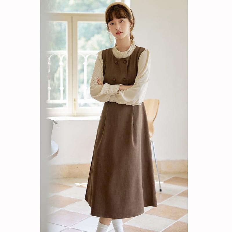 【書槿笙シリーズ】★ワンピース★ フェイクレイヤード レディース 可愛い レトロ 秋服 コーヒー色 - ChinChic
