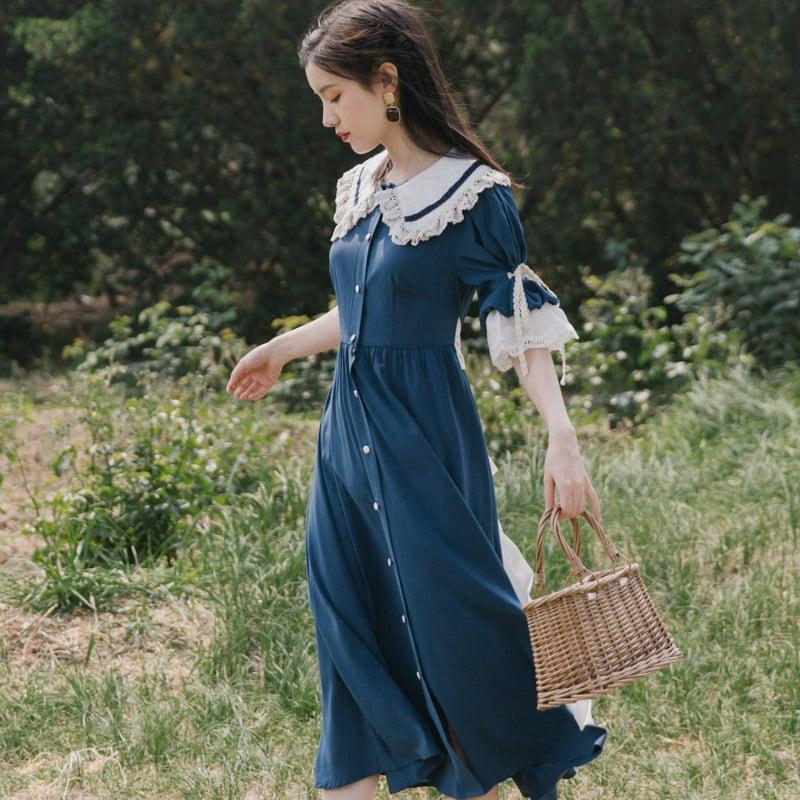 【塵緣曲シリーズ】★ワンピース★ レトロ ドレス 可愛い レディース デート 撮影 デザイン性有り 配色 ブルー 青い - ChinChic