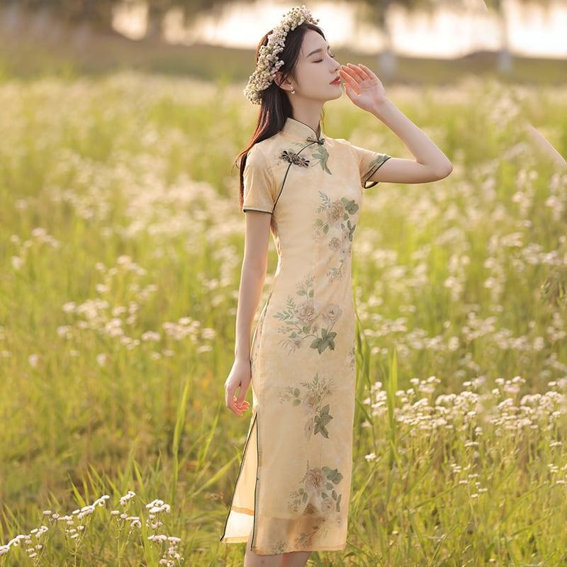 【荷戀情シリーズ】★チャイナドレス★ 花柄ワンピース 中華服 気質アップ ロング丈 パーティー 結婚式 - ChinChic