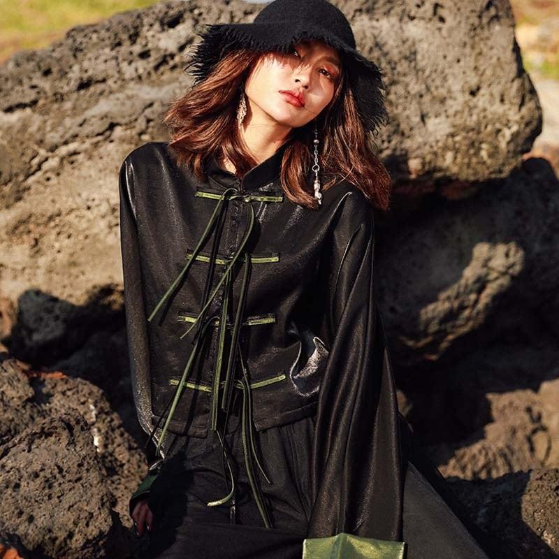 【大青龍肆シリーズ】★チャイナ風アウター★ レトロ ショート丈 合わせやすい ブラックチャイナボタン - ChinChic