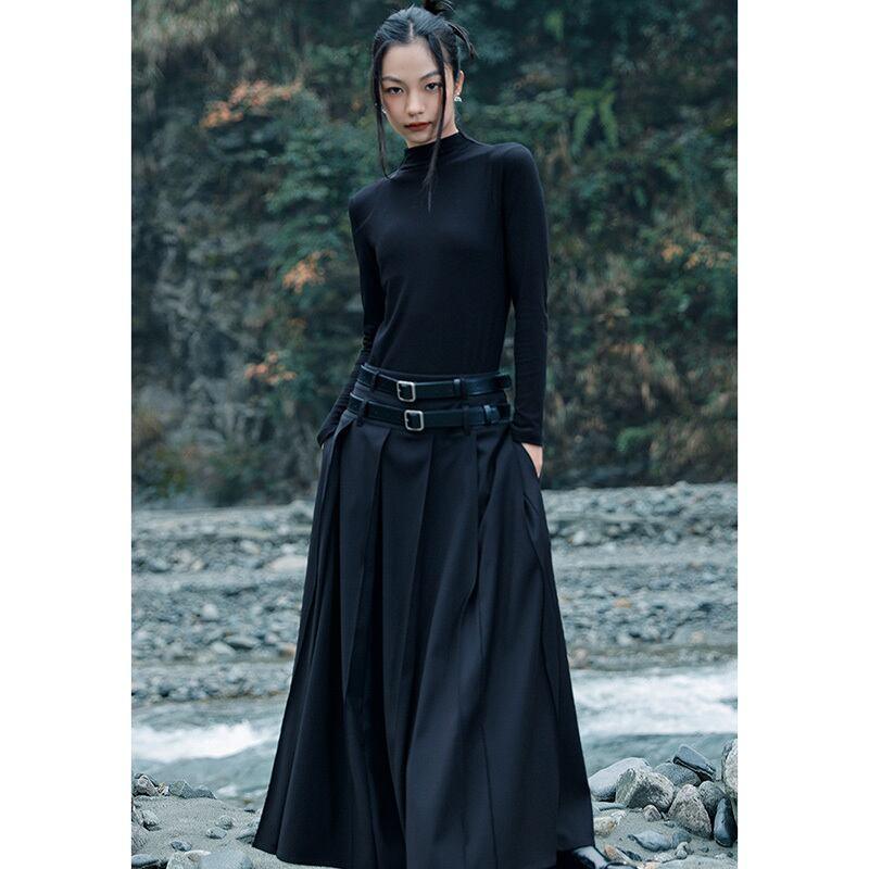 【大青龍肆シリーズ】★チャイナ風スカート★ ベルト付き ボトムス ブラック 黒い 高見せ 着やせ 気質アップ - ChinChic