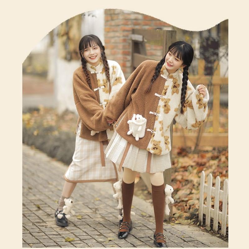 【観織シリーズ】★チャイナ風コート★ アウター もふもふ チャイナボタン くま ベアー 熊 可愛い 暖かい 厚て - ChinChic