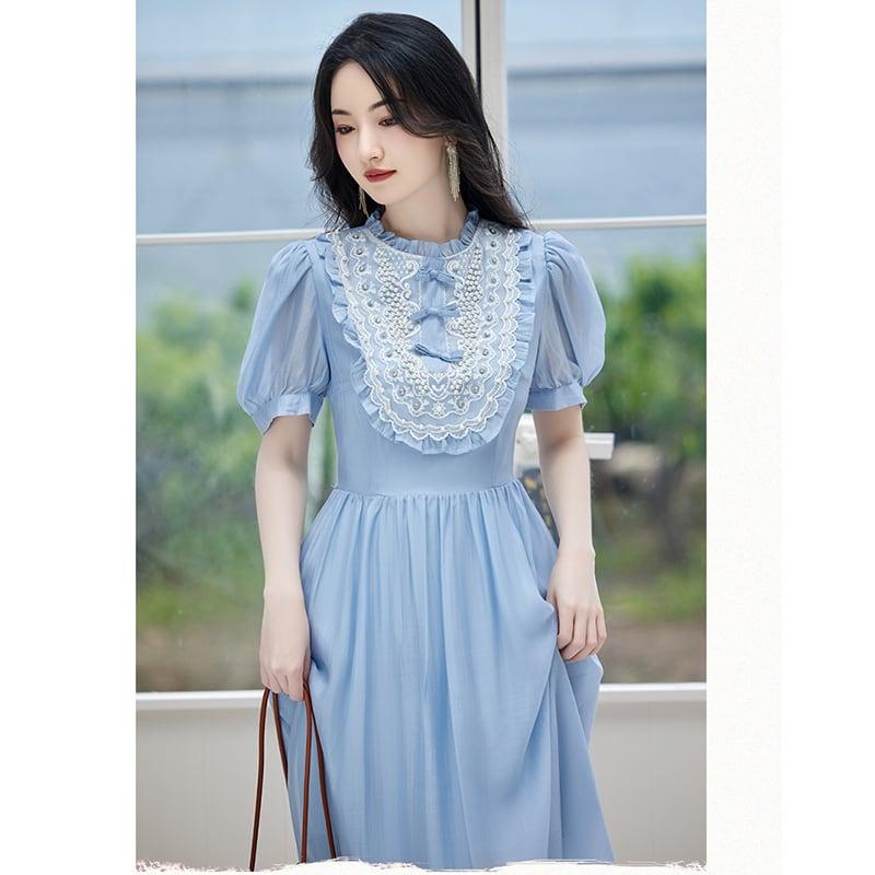 【華莎の城シリーズ】★ワンピース★ ドレス スウィート 可愛い 通勤 結婚式 デート 夏服 ブルー 青い - ChinChic