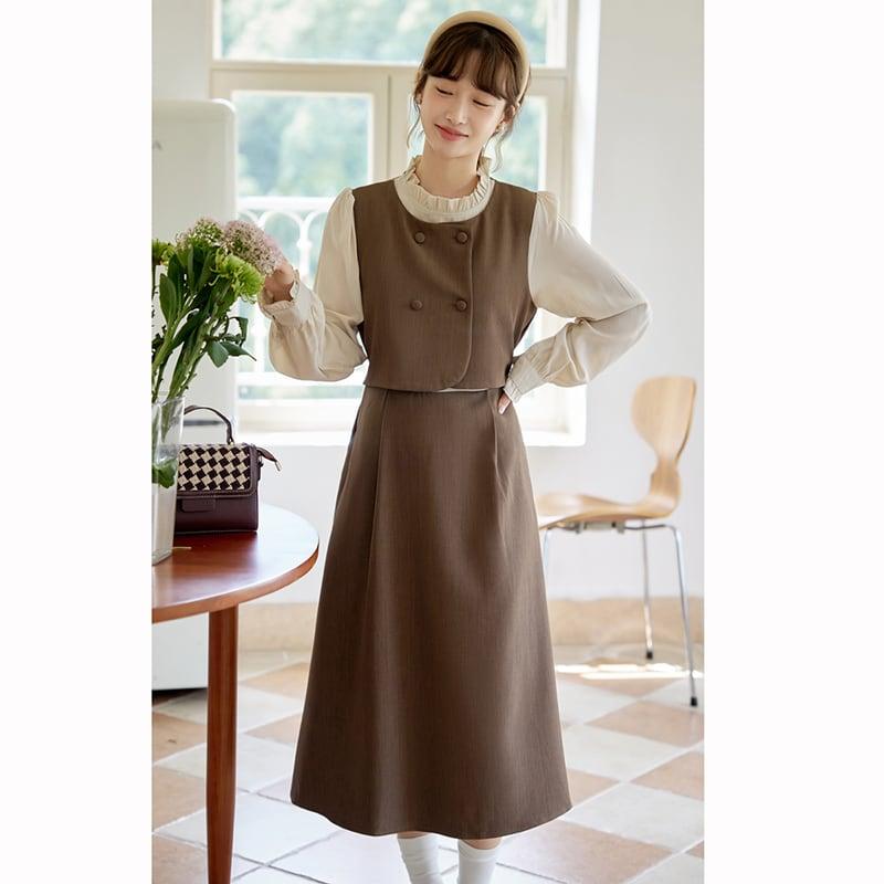 【書槿笙シリーズ】★ワンピース★ フェイクレイヤード レディース 可愛い レトロ 秋服 コーヒー色 - ChinChic