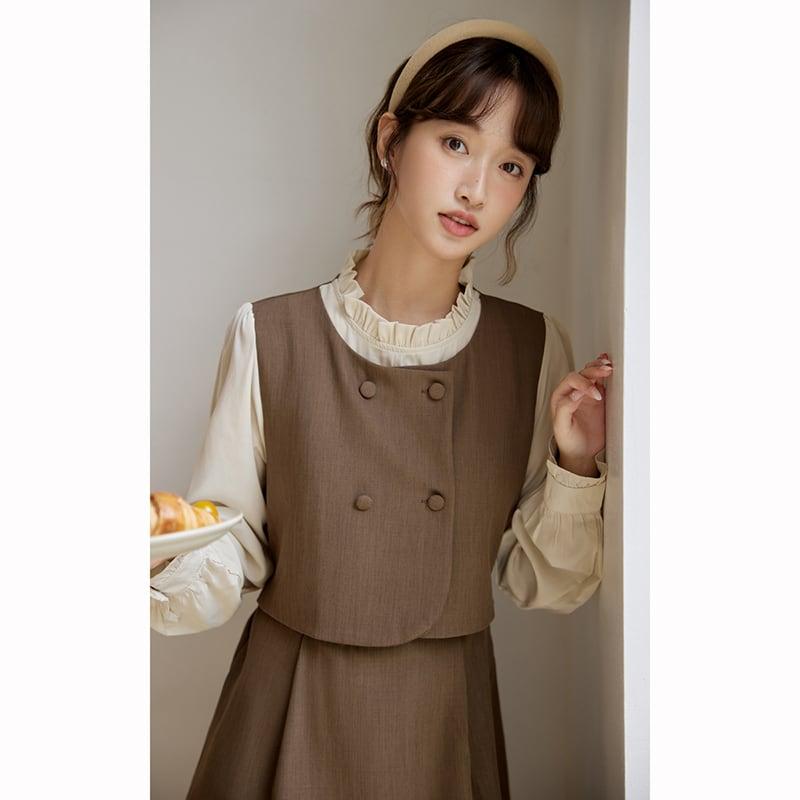 【書槿笙シリーズ】★ワンピース★ フェイクレイヤード レディース 可愛い レトロ 秋服 コーヒー色 - ChinChic