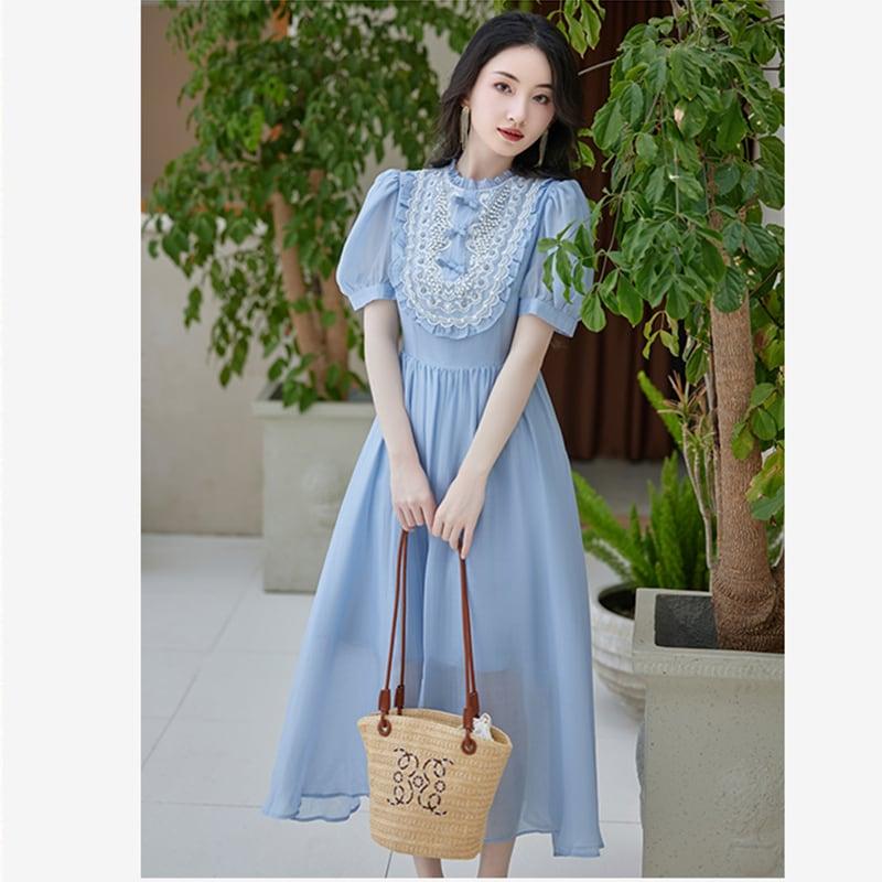 【華莎の城シリーズ】★ワンピース★ ドレス スウィート 可愛い 通勤 結婚式 デート 夏服 ブルー 青い - ChinChic