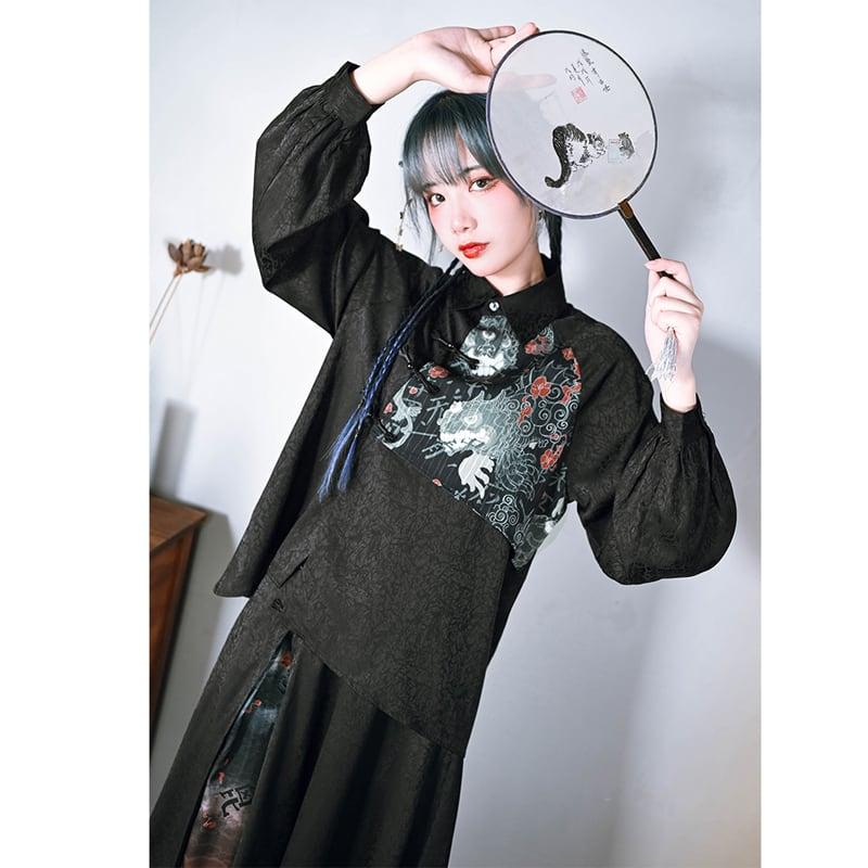 【古怪舍---咬文嚼字シリーズ】★チャイナ風シャツ★ 切り替え プリント 切り替え ブラック 黒い 原宿風 - ChinChic