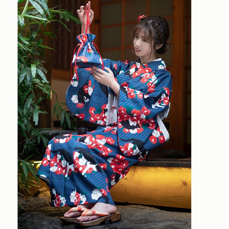 【青木元シリーズ】★ゆかた+帯★ ゆかた 浴衣 花火大会 お祭り 女性 和風 デート 花柄 ネコ ねこ 猫 プリント - ChinChic