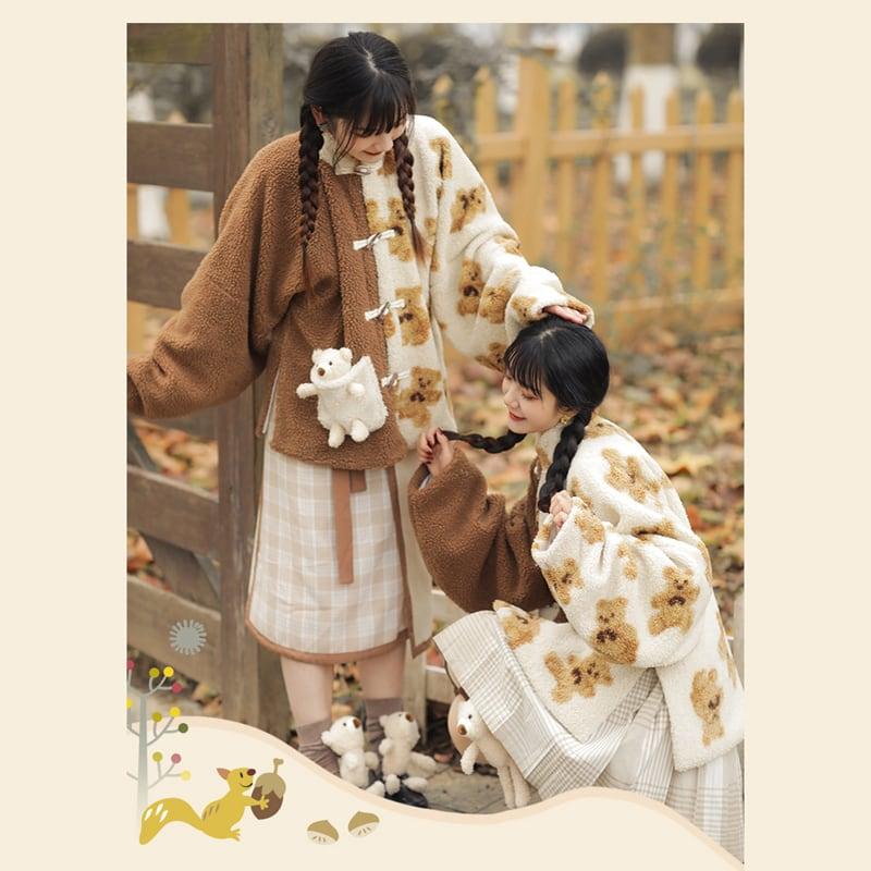 【観織シリーズ】★チャイナ風コート★ アウター もふもふ チャイナボタン くま ベアー 熊 可愛い 暖かい 厚て - ChinChic