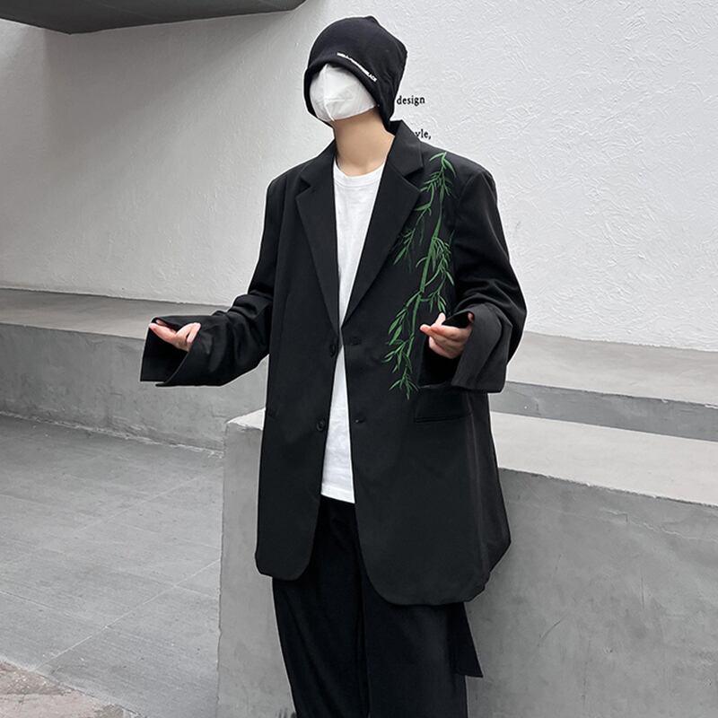 【入画シリーズ】★チャイナ風アウター★ ブレザー 竹 刺繍 男女兼用 メンズ ブラック 黒い かっこいい - ChinChic