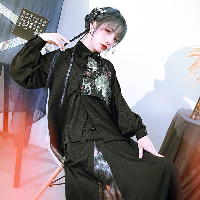 【古怪舍---咬文嚼字シリーズ】★チャイナ風シャツ★ 切り替え プリント 切り替え ブラック 黒い 原宿風 - ChinChic