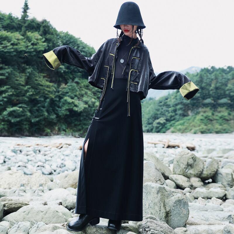 おすすめ!【大青龍肆シリーズ】★チャイナ風スカート★ PU ブラック ロング丈 着痩せ 合わせやすい - ChinChic