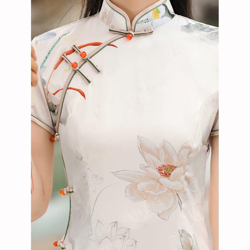 【RUYUNシリーズ】★チャイナドレス★ ワンピース ロング丈 蓮 ハス 半袖 ロング丈 大きいサイズ - ChinChic