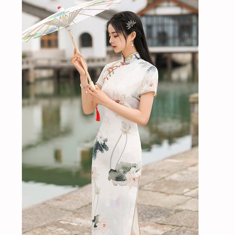 【RUYUNシリーズ】★チャイナドレス★ ワンピース ロング丈 蓮 ハス 半袖 ロング丈 大きいサイズ - ChinChic
