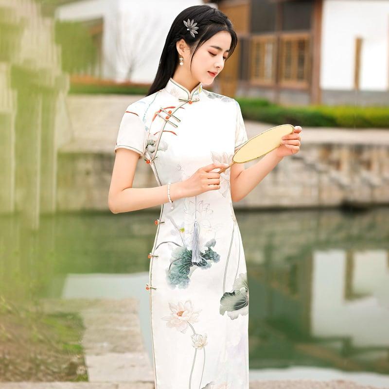 【RUYUNシリーズ】★チャイナドレス★ ワンピース ロング丈 蓮 ハス 半袖 ロング丈 大きいサイズ - ChinChic