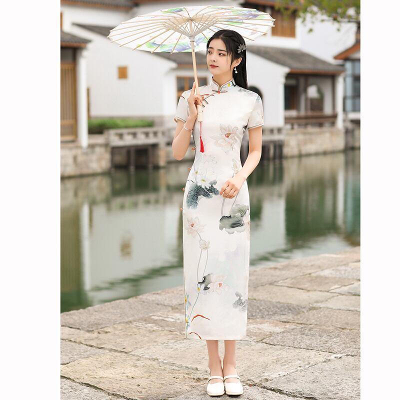 【RUYUNシリーズ】★チャイナドレス★ ワンピース ロング丈 蓮 ハス 半袖 ロング丈 大きいサイズ - ChinChic