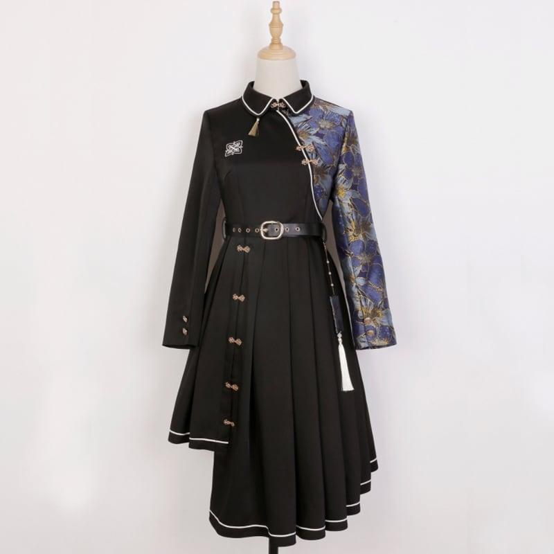 店長おすすめ!【塵煙雲夢---不夜城シリーズ】★チャイナ風ワンピース★ ベルト付き 長袖 切り替え 花柄 ブラック 黒い 不規則 S M L - ChinChic