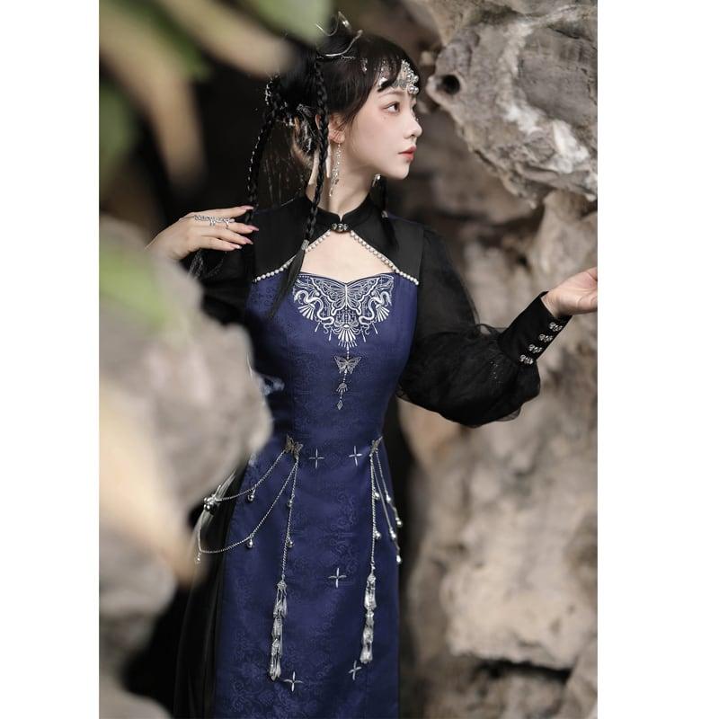 【塵煙雲夢---蝴蝶蠱シリーズ】★チャイナ風ワンピース★ 切り替え 長袖 中華服 イベント デート 撮影 普段着 S M L - ChinChic