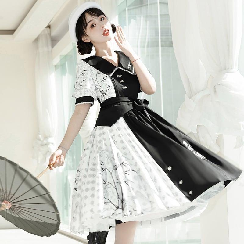 【塵煙雲夢---墨竹シリーズ】★チャイナ風ワンピース★ 半袖 切り替え 竹 中華服 ブラック 黒い S M L オリジナル 可愛い - ChinChic