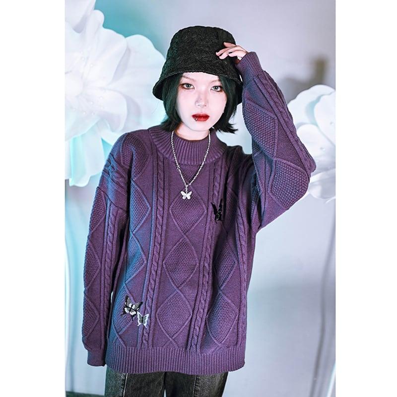 【古怪舍---燕尾蝶シリーズ】★チャイナ風セーター★ トップス 刺繍 蝶々 パープル 紫色 S M L カジュアル - ChinChic