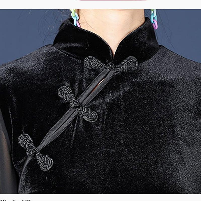 チャイナ風ワンピース ベルベット チャイナドレス ブラック 黒い S M L 長袖 レトロ 個性的 - ChinChic