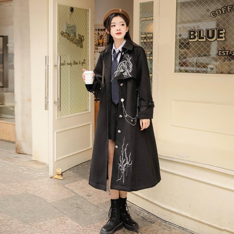 【漢如初---北笙シリーズ】★チャイナ風コート★ チェーン付き ロングアウター 刺繍 ブラック 黒い S M L - ChinChic