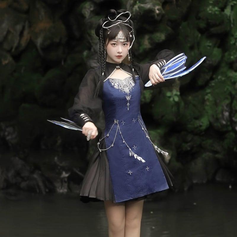 【塵煙雲夢---蝴蝶蠱シリーズ】★チャイナ風ワンピース★ 切り替え 長袖 中華服 イベント デート 撮影 普段着 S M L - ChinChic