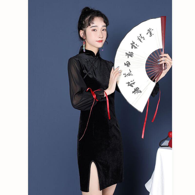 チャイナ風ワンピース ベルベット チャイナドレス ブラック 黒い S M L 長袖 レトロ 個性的 - ChinChic