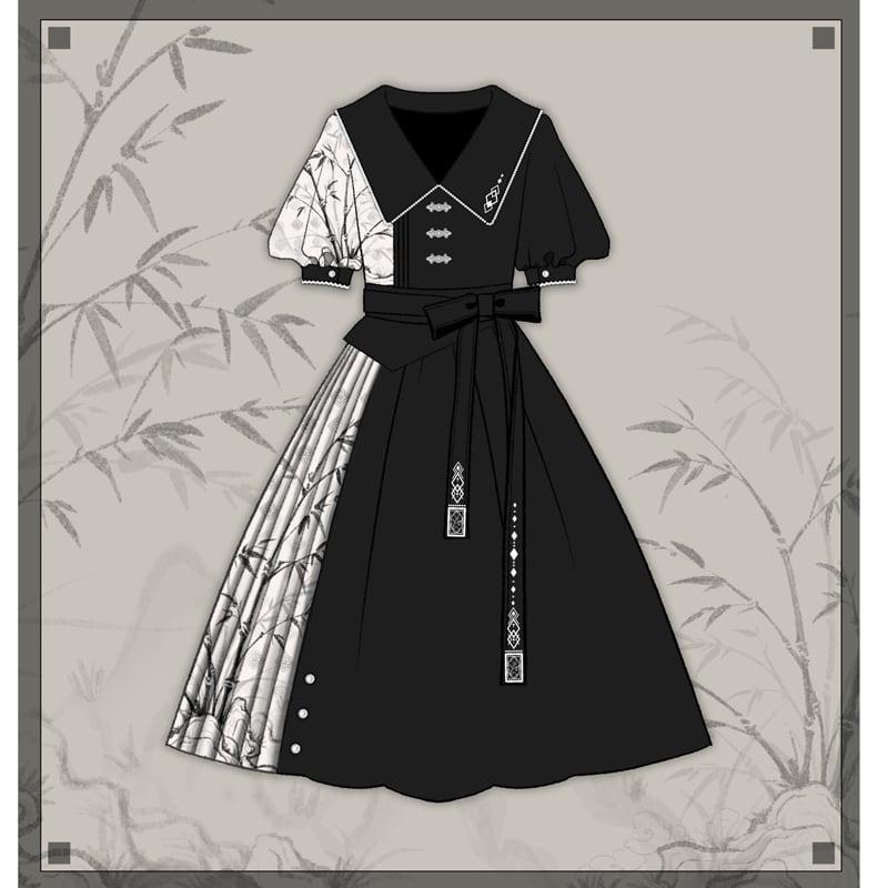 【塵煙雲夢---墨竹シリーズ】★チャイナ風ワンピース★ 半袖 切り替え 竹 中華服 ブラック 黒い S M L オリジナル 可愛い - ChinChic