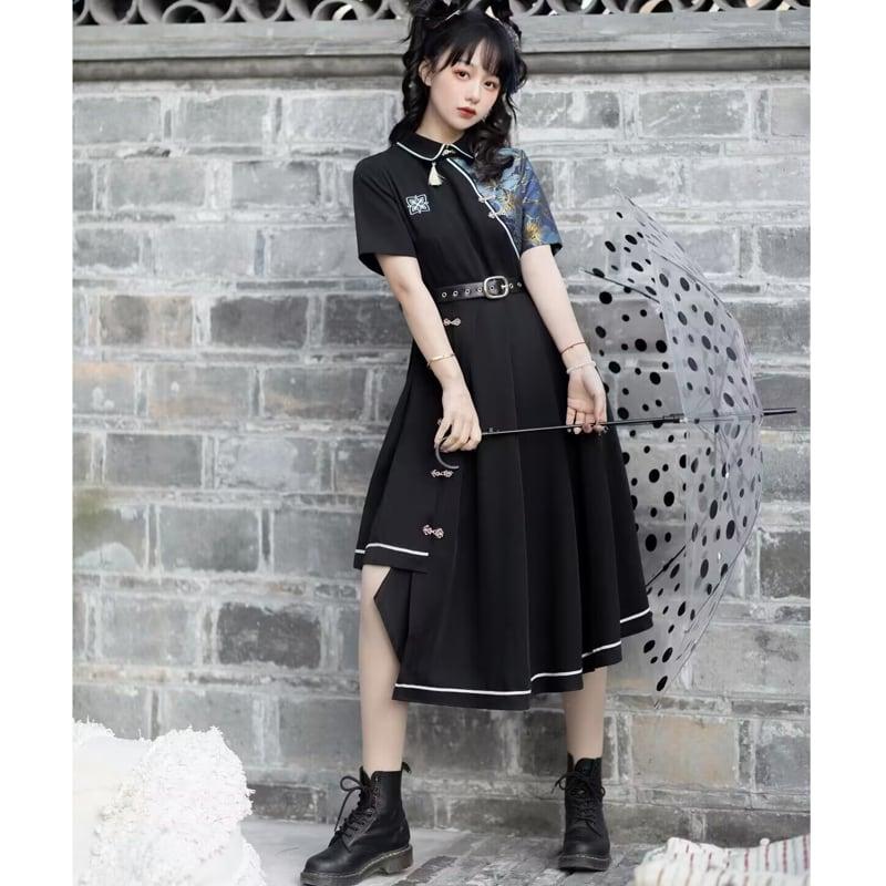 【塵煙雲夢---不夜城シリーズ】★チャイナ風ワンピース★ 切り替え 花柄 ブラック 黒い 不規則 半袖 S M L オリジナル - ChinChic