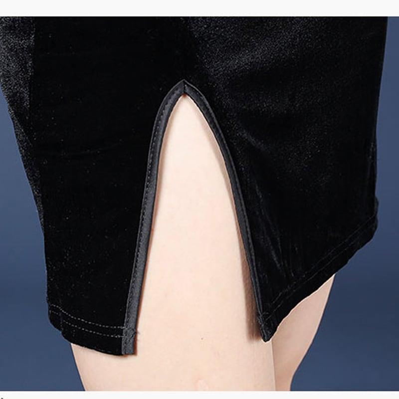 チャイナ風ワンピース ベルベット チャイナドレス ブラック 黒い S M L 長袖 レトロ 個性的 - ChinChic