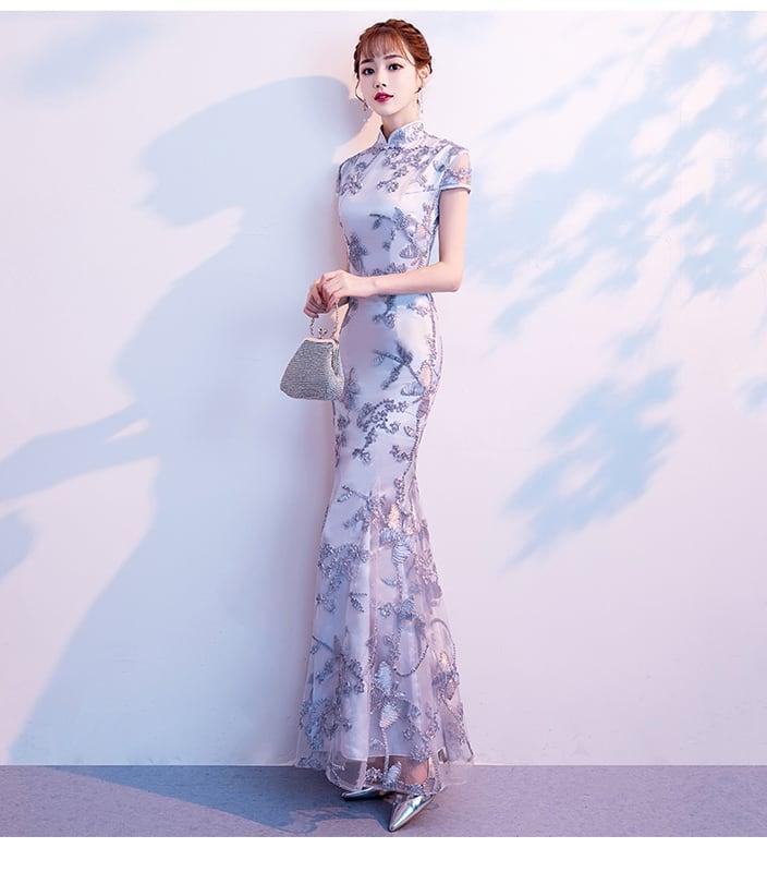 【爱裳花嫁シリーズ】★チャイナドレス★ ワンピース 刺繍入り マーメイドライン 綺麗め S M L 着痩せ シルバーグレー - ChinChic