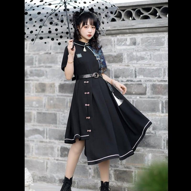 【塵煙雲夢---不夜城シリーズ】★チャイナ風ワンピース★ 切り替え 花柄 ブラック 黒い 不規則 半袖 S M L オリジナル - ChinChic