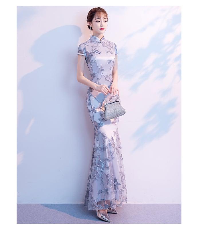 【爱裳花嫁シリーズ】★チャイナドレス★ ワンピース 刺繍入り マーメイドライン 綺麗め S M L 着痩せ シルバーグレー - ChinChic