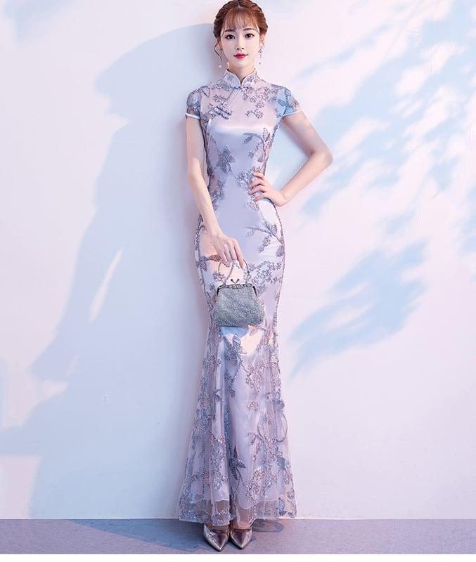 【爱裳花嫁シリーズ】★チャイナドレス★ ワンピース 刺繍入り マーメイドライン 綺麗め S M L 着痩せ シルバーグレー - ChinChic